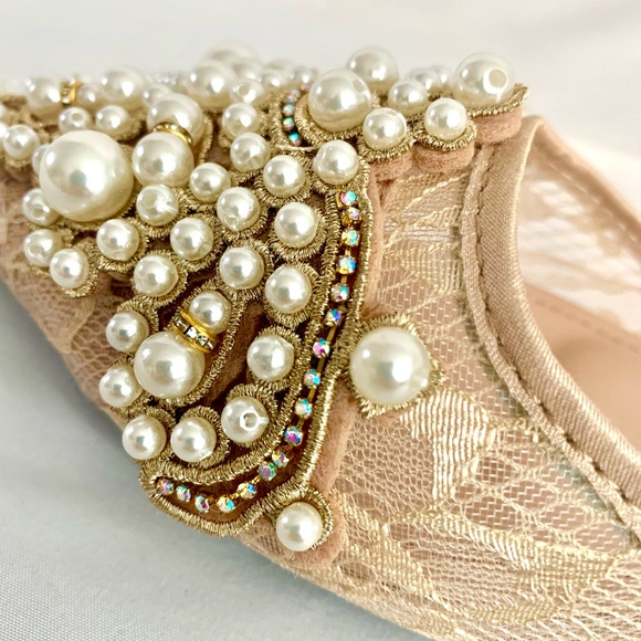 Embellished pointy toe, flat slingback shoes with faux pearls and rhinestones - Picture 6 of 6